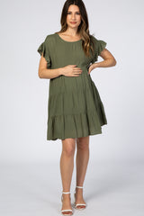 Olive Tiered Ruffle Accent Maternity Dress