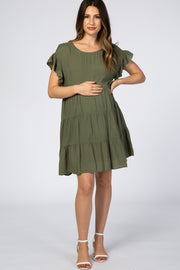 Olive Tiered Ruffle Accent Maternity Dress