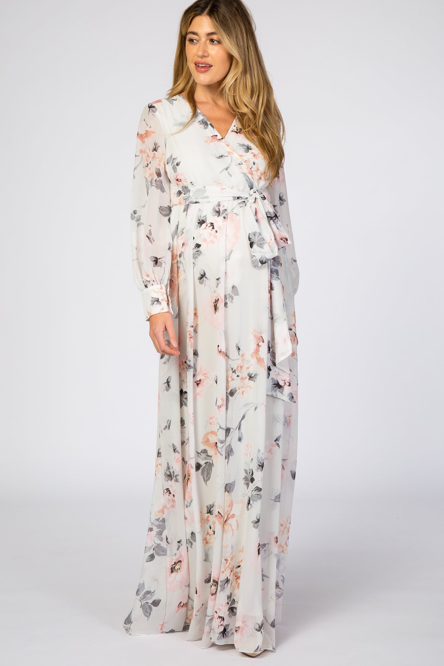 PinkBlush Ivory Floral Sash Tie Maternity/Nursing Maxi Dress