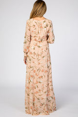 Light Pink Floral Maternity Long Sleeve Maxi Dress