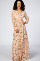 Light Pink Floral Maternity Long Sleeve Maxi Dress