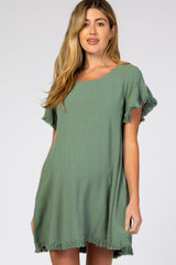 Olive Fringe Linen Maternity Dress