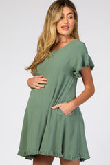 Olive Fringe Linen Maternity Dress