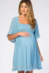 Light Blue Smocked Short Sleeve Maternity Dress