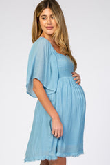 Light Blue Smocked Short Sleeve Maternity Dress