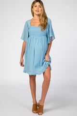 Light Blue Smocked Short Sleeve Maternity Dress