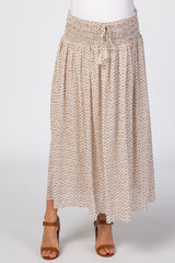 Cream Floral Chiffon Smocked Elastic Waist Maternity Midi Skirt