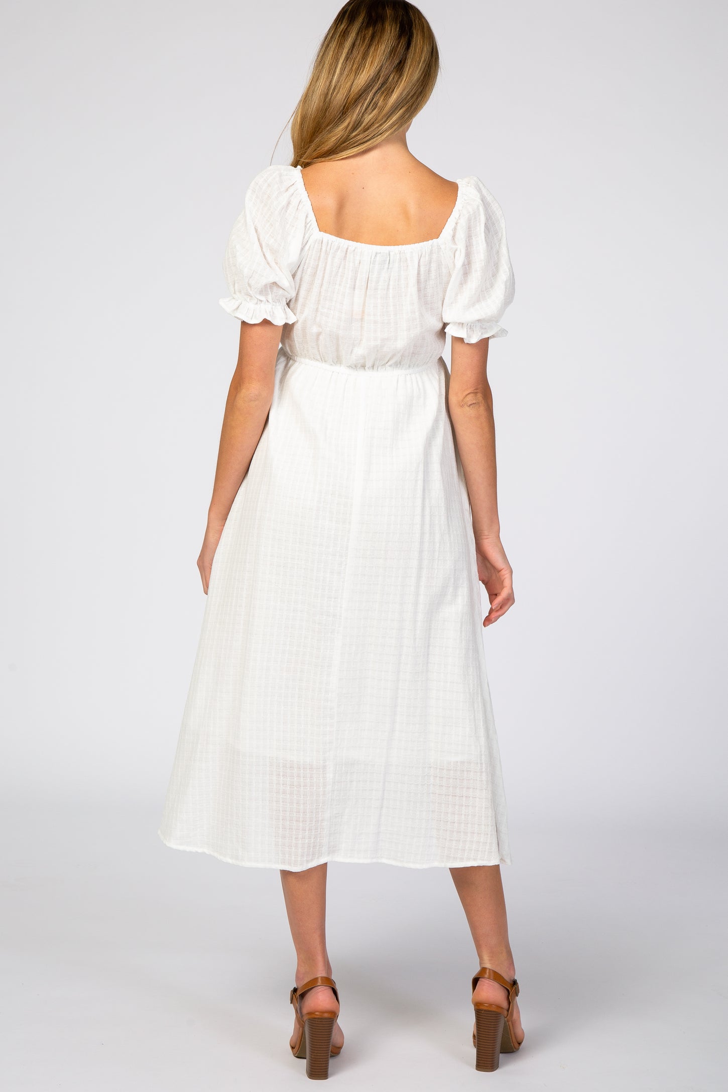 White Smocked Puff Sleeve Maternity Midi Dress– PinkBlush