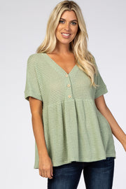 Light Olive Open Knit Button Front Babydoll Top