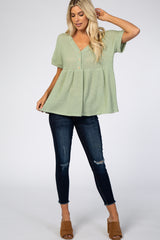 Light Olive Open Knit Button Front Babydoll Top