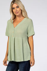 Light Olive Open Knit Button Front Babydoll Top