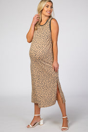 Taupe Leopard Print Sleeveless Side Slit Maternity Midi Dress