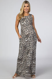 Brown Animal Print Sleeveless Maternity Maxi Dress