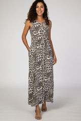 Brown Animal Print Sleeveless Maxi Dress