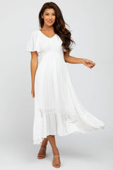 Ivory Smocked V-Neck Midi Dress