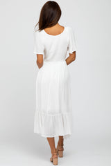 Ivory Smocked V-Neck Midi Dress