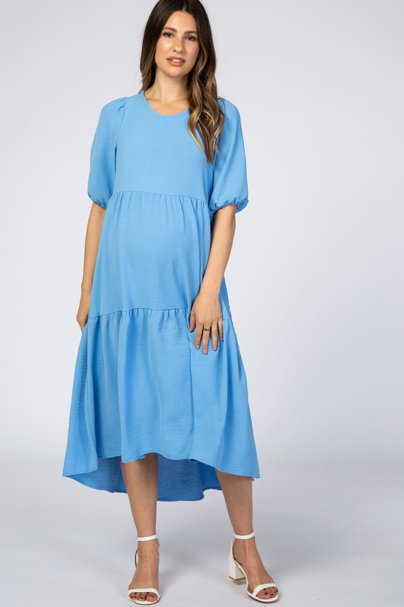 Light Blue Tiered Bubble Short Sleeve Maternity Midi Dress – PinkBlush