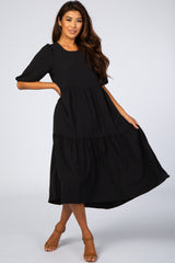 Black Tiered Bubble Short Sleeve Midi Dress