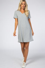 Heather Grey Ribbed V-Neck Short Sleeve Dress