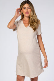 Beige Ribbed V-Neck Short Sleeve Maternity Dress