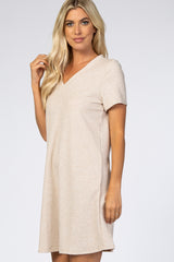 Beige Ribbed V-Neck Short Sleeve Dress