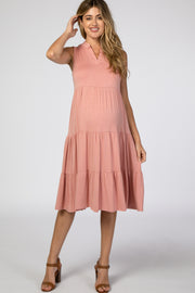 Pink Split Neck Tiered Maternity Midi Dress