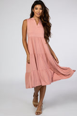 Pink Split Neck Tiered Midi Dress