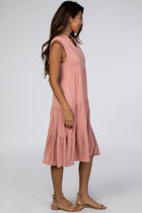 Pink Split Neck Tiered Midi Dress