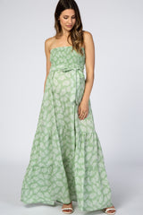 Light Green Palm Print Tiered Maternity Maxi Dress