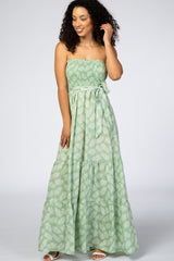 Light Green Palm Print Tiered Maxi Dress