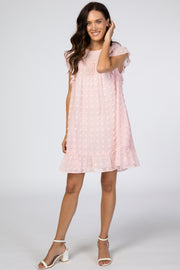 Light Pink Textured Polka Dot Ruffle Dress