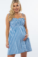 Blue Gingham Smocked Maternity Dress