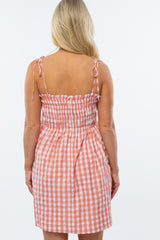 Peach Gingham Smocked Maternity Dress