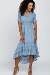 Blue Smocked Ruffle Hi-Lo Midi Dress