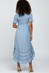 Blue Smocked Ruffle Hi-Lo Midi Dress