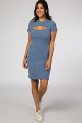 Blue Ribbed Cutout Fitted Dress