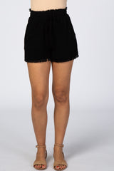 Black Linen Fringe Trim Drawstring Shorts