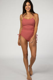 Mauve Ribbed Side Tie One-Piece Swimsuit