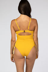 Yellow Ribbed Side Tie One-Piece Swimsuit