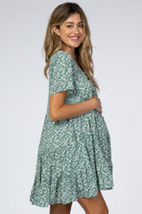 Green Floral Button Front Print Maternity Dress