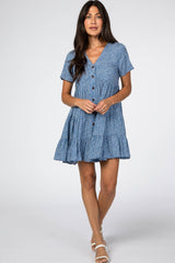 Blue Printed Button Front Maternity Dress