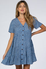 Blue Printed Button Front Maternity Dress