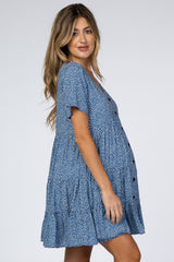 Blue Printed Button Front Maternity Dress