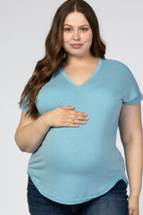 Blue V-Neck Raw Hem Maternity Plus Short Sleeve Top