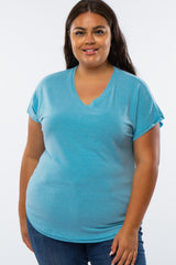 Blue V-Neck Raw Hem Maternity Plus Short Sleeve Top