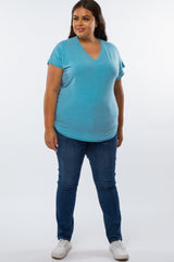 Blue V-Neck Raw Hem Plus Short Sleeve Top