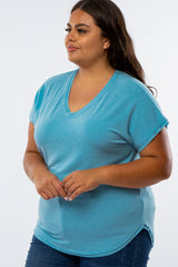 Blue V-Neck Raw Hem Plus Short Sleeve Top