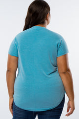 Blue V-Neck Raw Hem Plus Short Sleeve Top