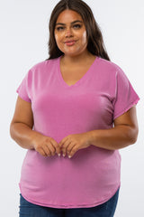 Mauve V-Neck Raw Hem Plus Short Sleeve Top