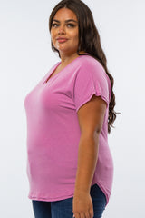 Mauve V-Neck Raw Hem Plus Short Sleeve Top